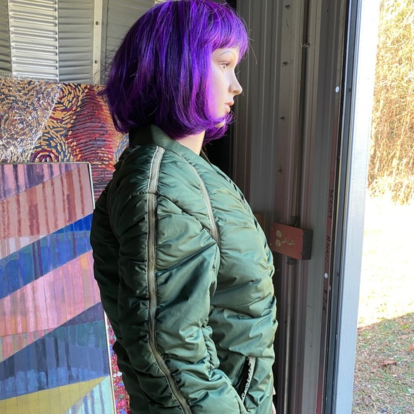 Platinum Olive Nylon Shirred Puffer Bomber Jacket - Picture 4 of 6